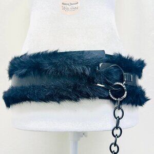 Y2K 2000s style Black Faux fur belt with metal chain buckle